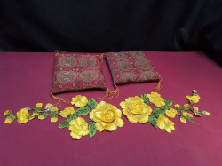 2 Japanese Vintage Miniature Cushions W.15 Cm.with 2 Handmade lace Flowers. 