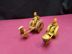 2 Vintage Japanese Celluloid Rickshaws, man pulling Geisha lady, Celluloid was before plastic. L.11 H.9 Cm.