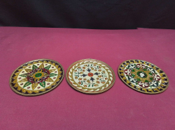 Set of 3 Vintage Mid Century Moroccan Hand Made Bronze Cloisonne Enamel Inlay Wall Plates. W.9 Cm.