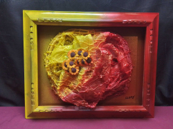 A Vibrant Mixed- Media Wall Art in a GradientFrame ,Features a Textured  Abstract Floral Scene, Signed. L.49 H.40 Cm.