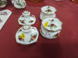 A Pair of Old Country Rose Covered  Sugar Dishes and a Pair of Dwarf Candlestick. (4 pieces)