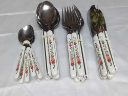 An Unusual Cuttery set with Floral Decoration to the Handles in Old Country Roses Style 6 Tea Spoons, 6 knives, 6 large Spoons, 6 Forks in pristine condition (24 pieces)