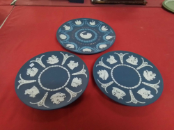 2 Dark Blue Wedgwood Plates with Vivid Decoration W.21 Cm.and a Large Tri Color Plate. W.24 Cm.