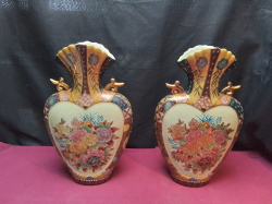 A beautiful pair of Royal Satsuma Mantle Vases. Stamped to Base. W.23 H.36 Cm.