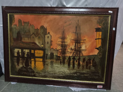 A Nice Oil on Canvas of an Evening Nautical Scene in a Harbor. L.88 H.63 Cm.