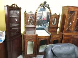 A Lovely Edwardian Inlaid Side Cabinet with A Cupboard Base and Marble inset Top with an inlaid  back with 3 Bevezed Edge Mirrors and 2 Shelves.  D.42 L.150 H.212 Cm.