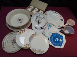 A very large sectioned disney plate showing Bambi & thumper. 2 Disney Queen of hearts Mugs/cups and 7 Collection Plates and 3 ceramic cups showing Black horses,4 Chip and dale plates