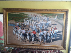 A Large Landscape painting features a stampede of white horses being guided by a group of men dressing in traditional clothing. Approx size 220x140 cm