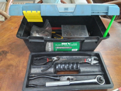 A Plastic Tool Box. Containing Socket Set Hammers Tools Set.