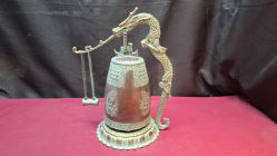 A very old Chinese antique bronze temple dragon bell with striker. 29 cm H. 22 cm W. Weight 3.8 kilo