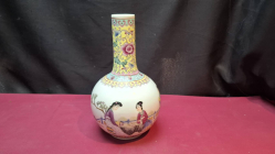 A Mid 20th century Chinese Famille bottle vase depicting hand painted court ladies stamp Qing Dynasty. Mint condition 23 cm High