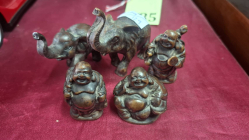 A collection of 3 happy Buddha and  two figures Elephant 