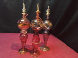 3 Lovely Cranberry  and Gilt perfume bottles