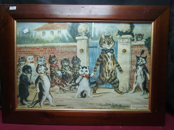 An amusing picture of cats in the style of Louis wain 
L.76 cm.
H.55 cm.