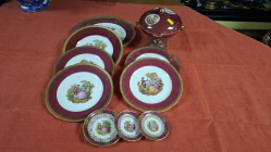 6 Large Limoge plate and a similar pattern lided twin handle comport by 