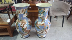 A beautiful pair of 70 years old floor standing dragon vases hand painted and embossed excellent condition 80 cm high rim. 31 cm