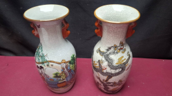 2 Lovely very old Chinese crackle glaze 25 cm high vases 1 depicting court ladies & 1 Imperial dragon chasing a flaming pearl
