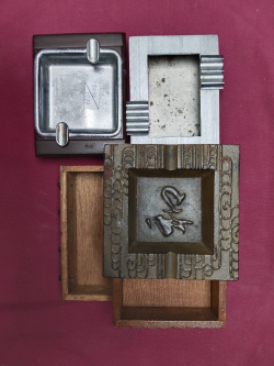 3 pieces Of Smoking Memorabilia, Ash trays and cigarettes wooden box. 