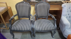 Vintage Louis style armchair dark gray wooden frame and black gray striped upholstery