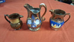 3 Pretty Welsh lustre jugs. Big one H.17 cm