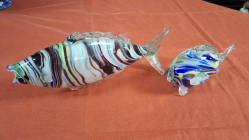 2 Murano glass Fish in multicolored striped figurines