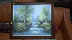 A Nice Landscape oil painting in a walnut frame signed Indistinctly. 72x63 cm