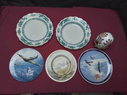 A Pair of dragon plates and a Heavy painted trinket box egg and 3 aeroplane plates 
