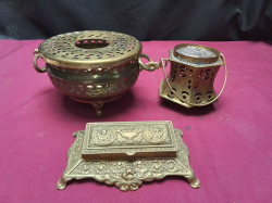 A Brass Inkwell and a food warmer also an Incense burner 