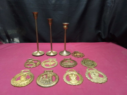 A Selection of 9 horse brasses and 3 brass Candlestick 