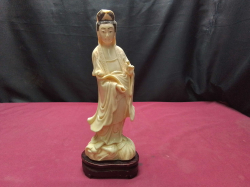 Antique Guanyin Hand-Carved Statue  on Wooden base
H28cm.
W11cm.
