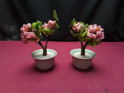 Pair of vintage small scale Chinese Jade&glass cherry blossom Bonsai Tree in Celadon pot