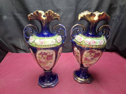 A Pair of very old antique 14 inches high Victorian hand painted vases with old Markings to base very good condition with no damage