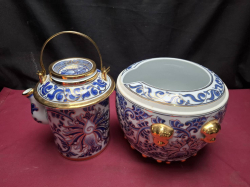 A Brand new Benjarong tea pot inside a warmer in beautiful blue white & gold porcelain