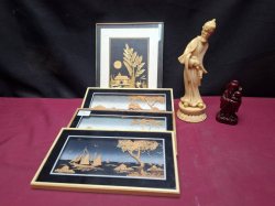 4 Chinese cork pictures and 2 figures.