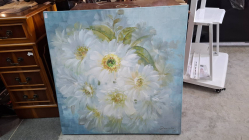 A square canvas featuring a striking pattern of white and yellow floral clusters on a light blue background. size 80x80 cm