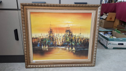 A lovely Oil painting onboard of evening waterfront cityscape in a vintage carved wooden frame. size 74x64 cm