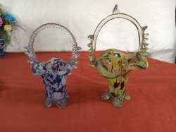 2 large Murano multicolored glass baskets.  W.17cm H.29 cm