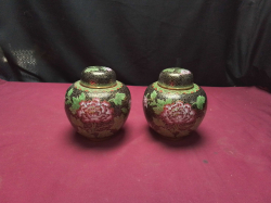 A Pair of green Cloisonne ginger Jars with lily 