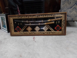 2 Golden japanese samurai warrior sword shadow box display   katana wakizashi tsuba 
