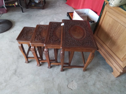 Rare Set of 4 , with a Drawer , Nesting Tables, with Intricate Floral Patterns.