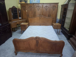 French Louis XVI Oak Bedroom set, Double Bed Frame with Carved Headboard, oak 5 door wardrobe,Elegant French Carved Oak Triple Mirror Dressing Table and 2Carved Oak Bedside Tables