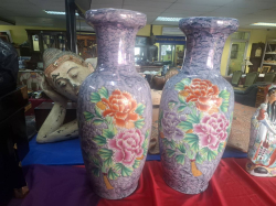 A Beautifull pair of 62*25 cm. chinese floor vases 62cm. high crackel glazed pattern with hand painted colorful peony flowers gilted 