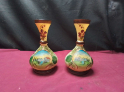 A lovely pair of antique hand painted milk glass vase with small repair to one 