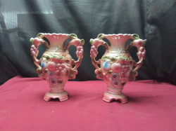 lovely pair of 1950s majolica lusterware  double handled vases embossed with fruit 26cm. no damage 