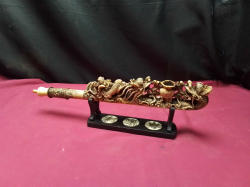 Chinese carved old bone opium pipe with Dragon features , brass & copper saddle mounts on Display stand with bone implants no damage 40cm.Long 