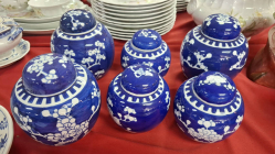 6 Blue and White Prunes pattern ginger jars