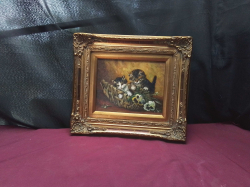 Oil on Board with a Gilt Frame of kitten playing 
W41cm.
H36cm.
