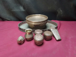 Beautiful antique Thai 7 pieces copper betel nut set and silver plate 