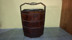 A beautiful antique 3 Tier Chinese Wedding Basket with hand painted scenes to top and sides. Rattan and iron handle