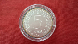  A 1991 ONE OUNCE 999 SILVER GERMAN 5 MARK COIN